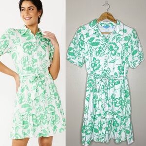Draper James Floral Linen Blend Green & White Shirt Dress, large